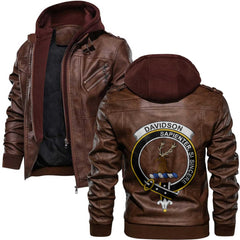 Clan Davidson Tartan Zip Leather Jacket Crest And Plaid Basic Style