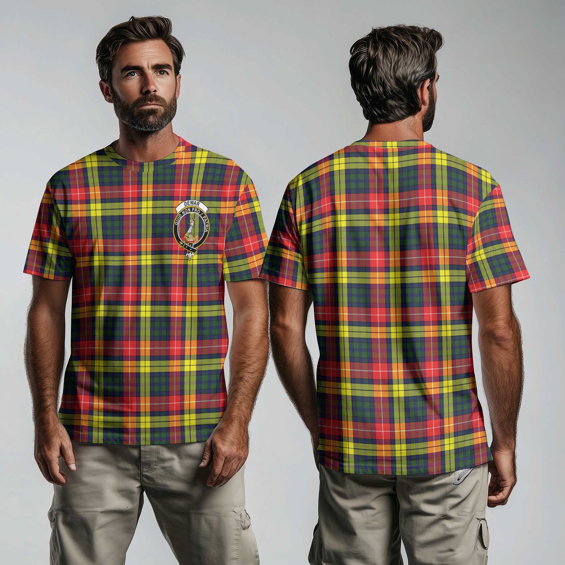 Clan Dewar Tartan Men T Shirt Crest And Plaid Basic Style