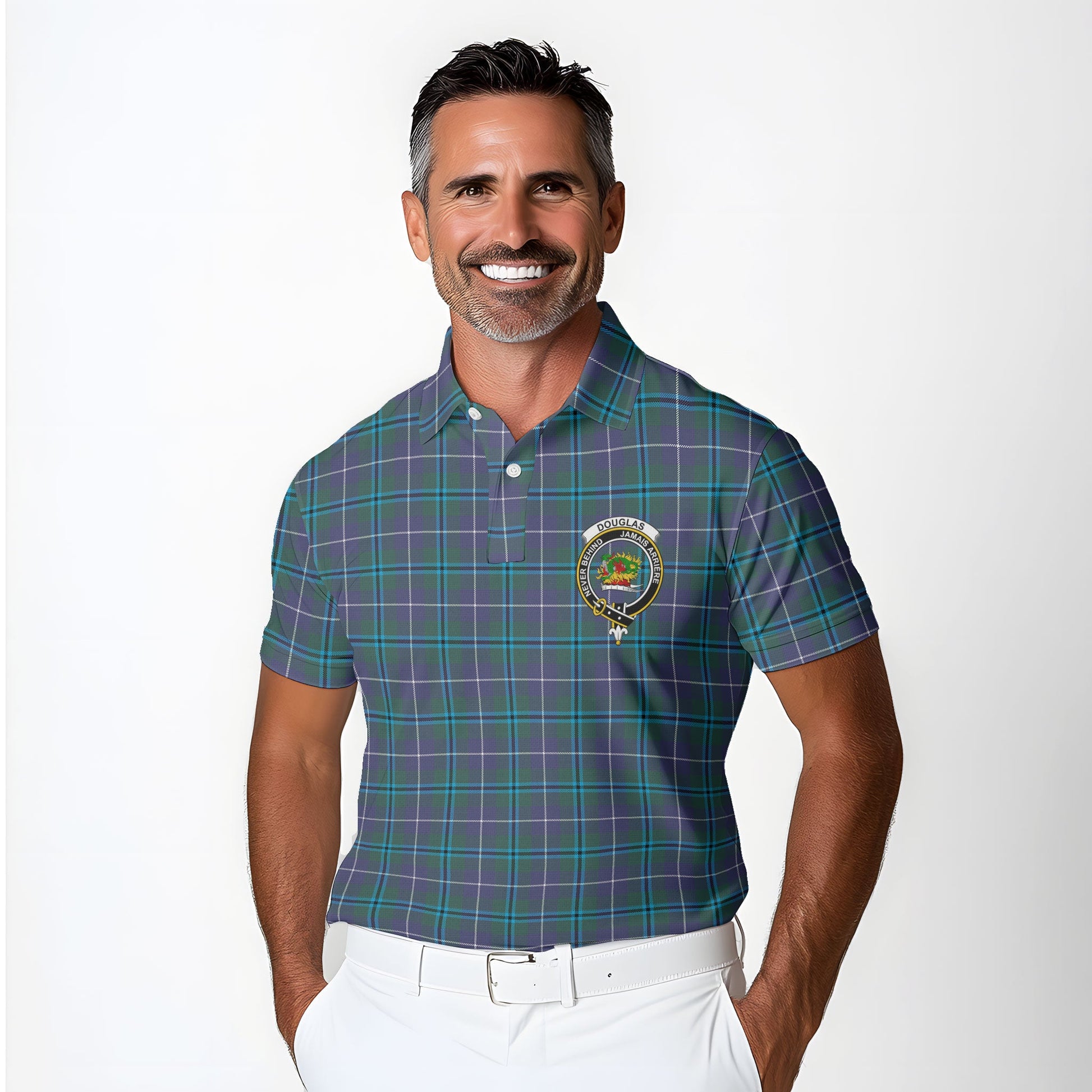 Clan Douglas Golf Men Polo Shirt Crest And Plaid Basic Style