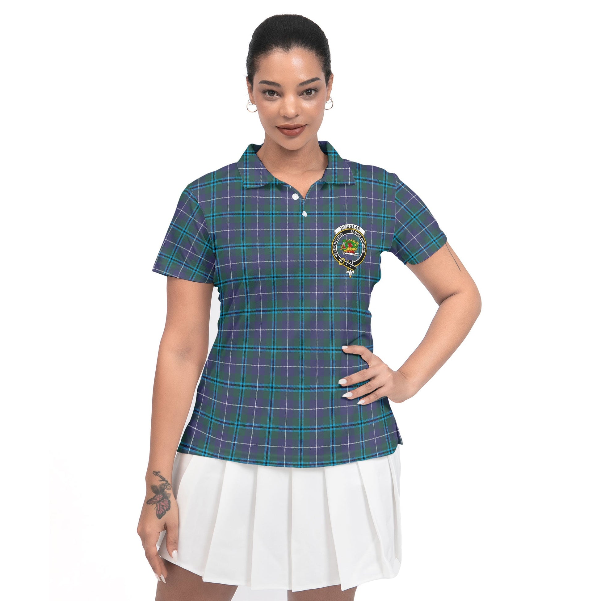 Clan Douglas Tartan Women Polo Shirt Crest And Plaid Basic Style