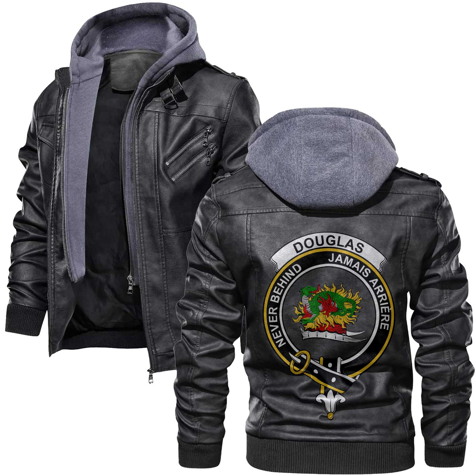 Clan Douglas Tartan Zip Leather Jacket Crest And Plaid Basic Style