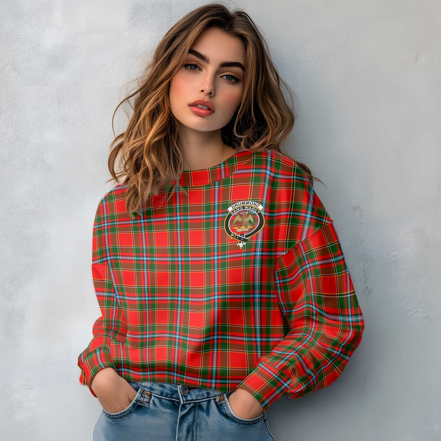 Clan Drummond Tartan Women Sweatshirt Crest And Plaid Basic Style