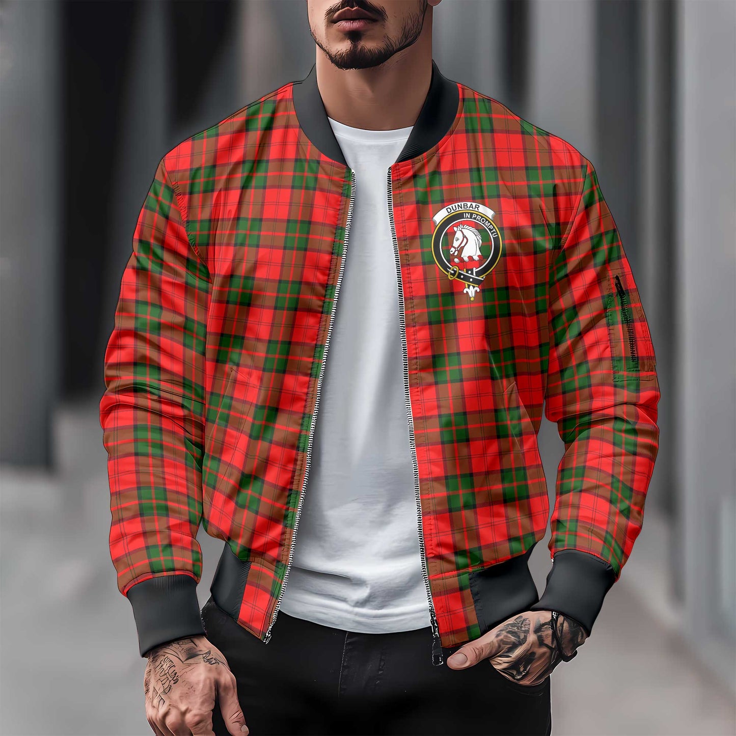 Clan Dunbar Tartan Men Bomber Jacket Crest And Plaid Basic Style