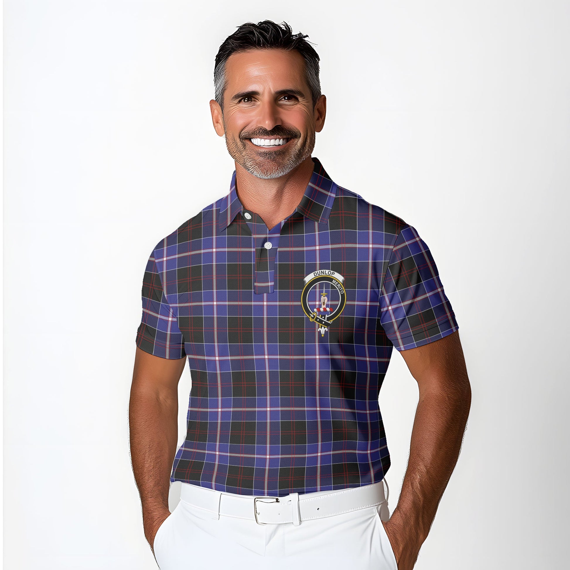 Clan Dunlop Tartan Golf Men Polo Shirt Crest And Plaid Basic Style