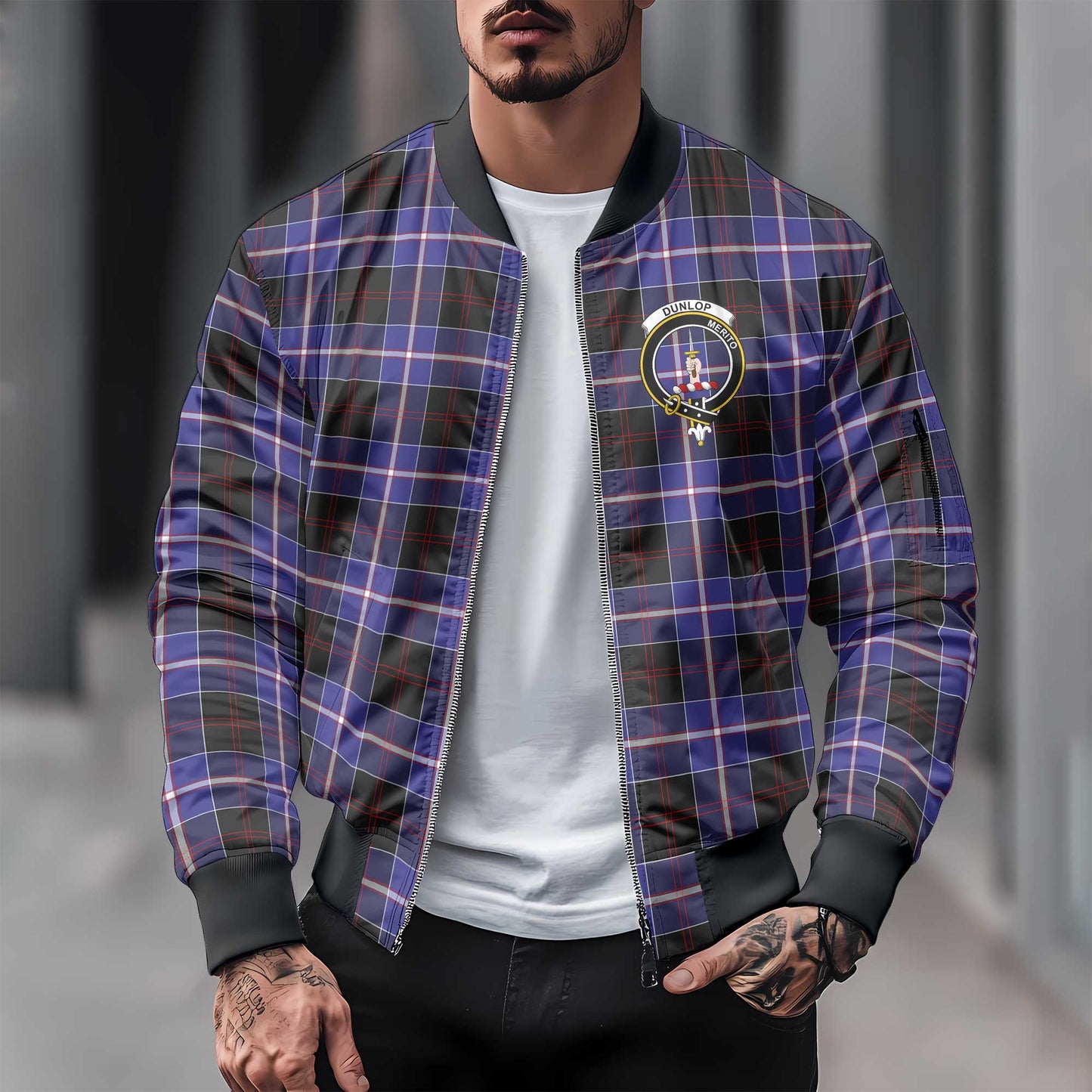 Clan Dunlop Tartan Men Bomber Jacket Crest And Plaid Basic Style