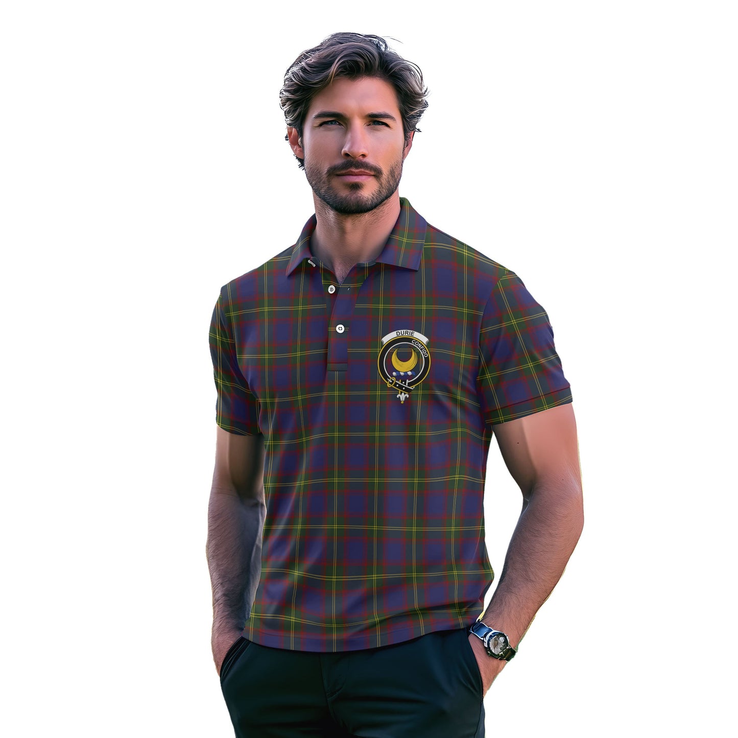 Clan Durie Tartan Golf Men Polo Shirt Crest And Plaid Basic Style