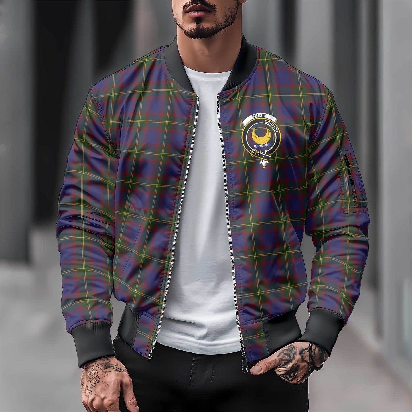 Clan Durie Tartan Men Bomber Jacket Crest And Plaid Basic Style