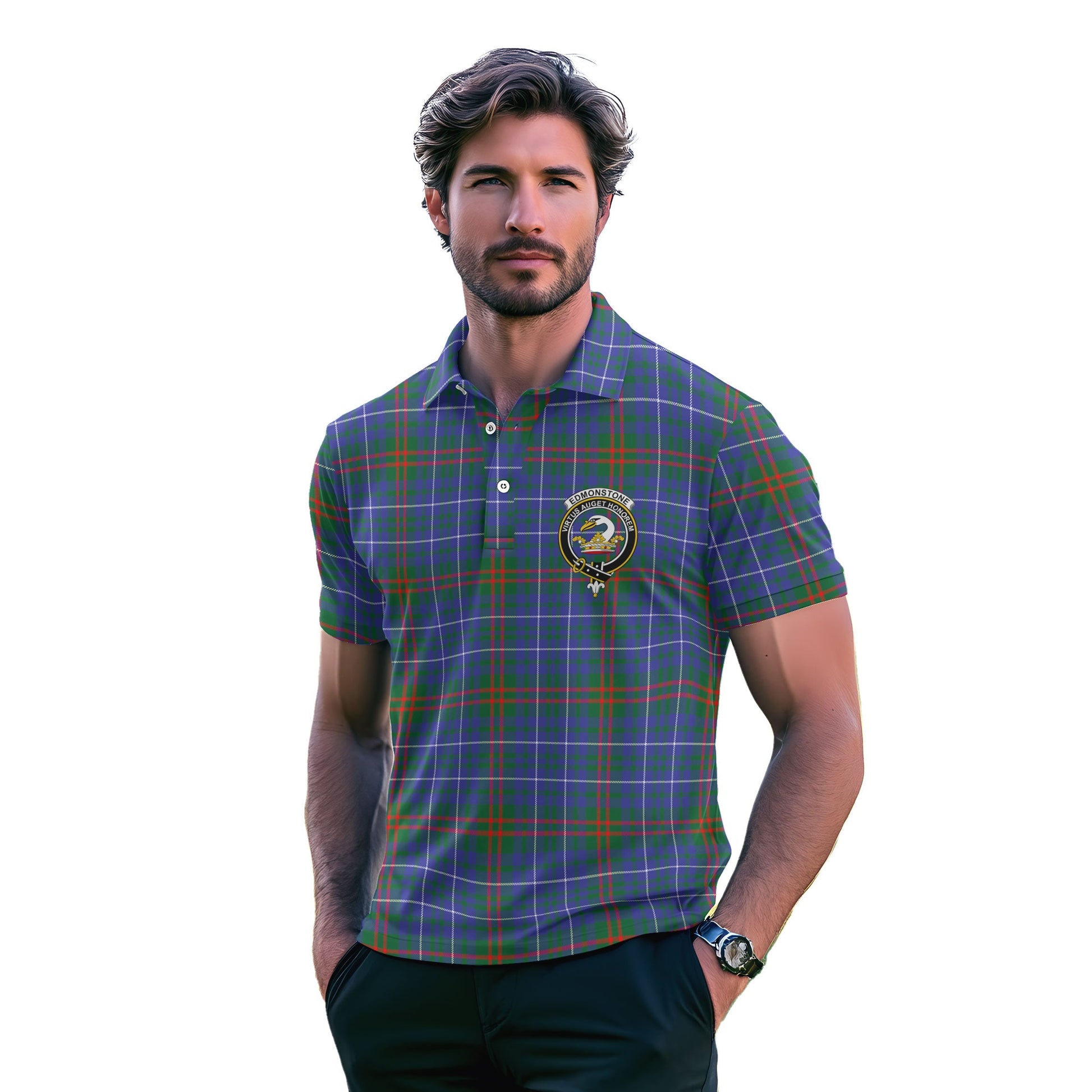 Clan Edmonstone Tartan Golf Men Polo Shirt Crest And Plaid Basic Style