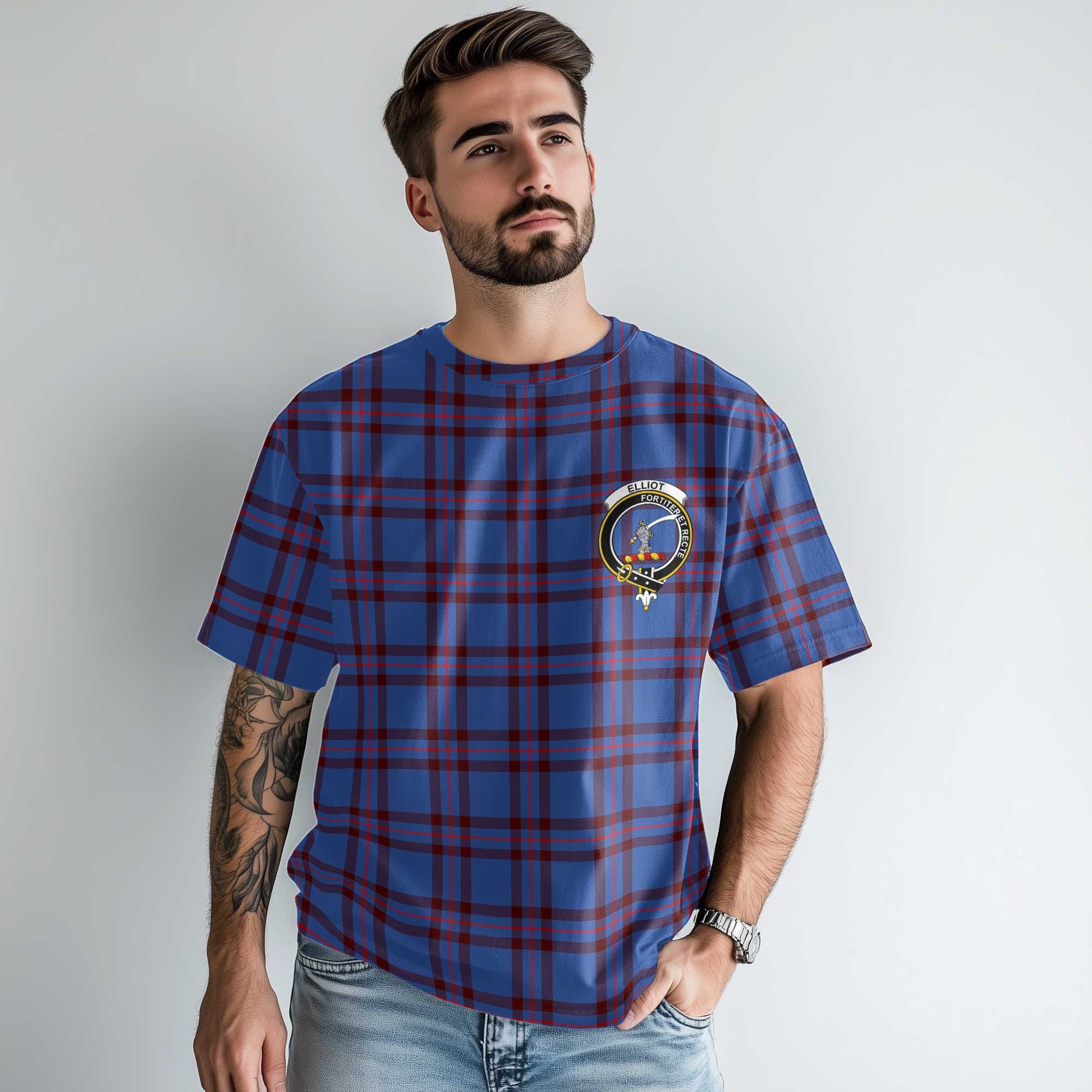 Clan Elliot Tartan Men T Shirt Crest And Plaid Basic Style