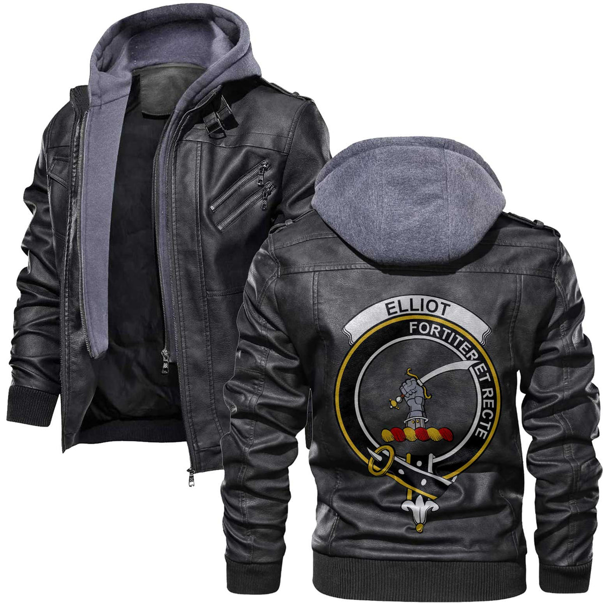 Clan Elliot Tartan Zip Leather Jacket Crest And Plaid Basic Style