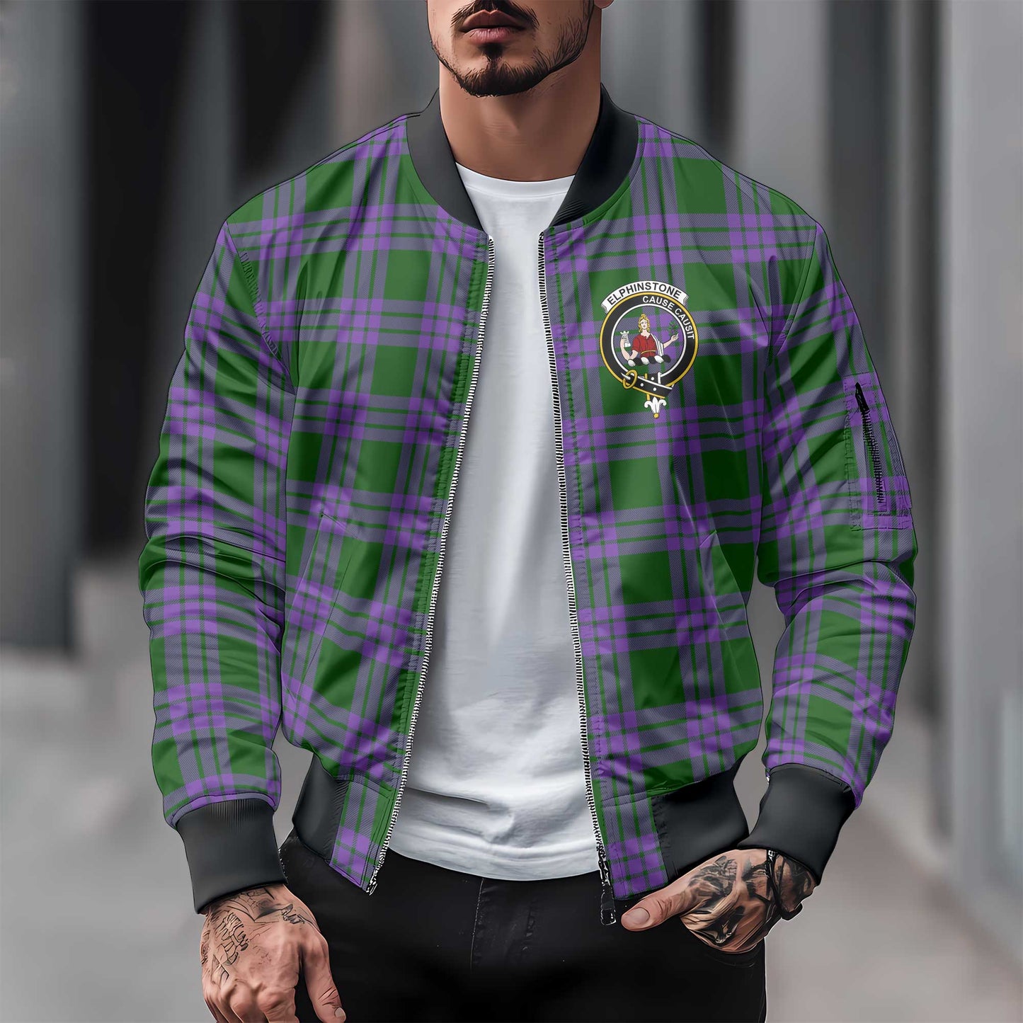 Clan Elphinstone Tartan Men Bomber Jacket Crest And Plaid Basic Style