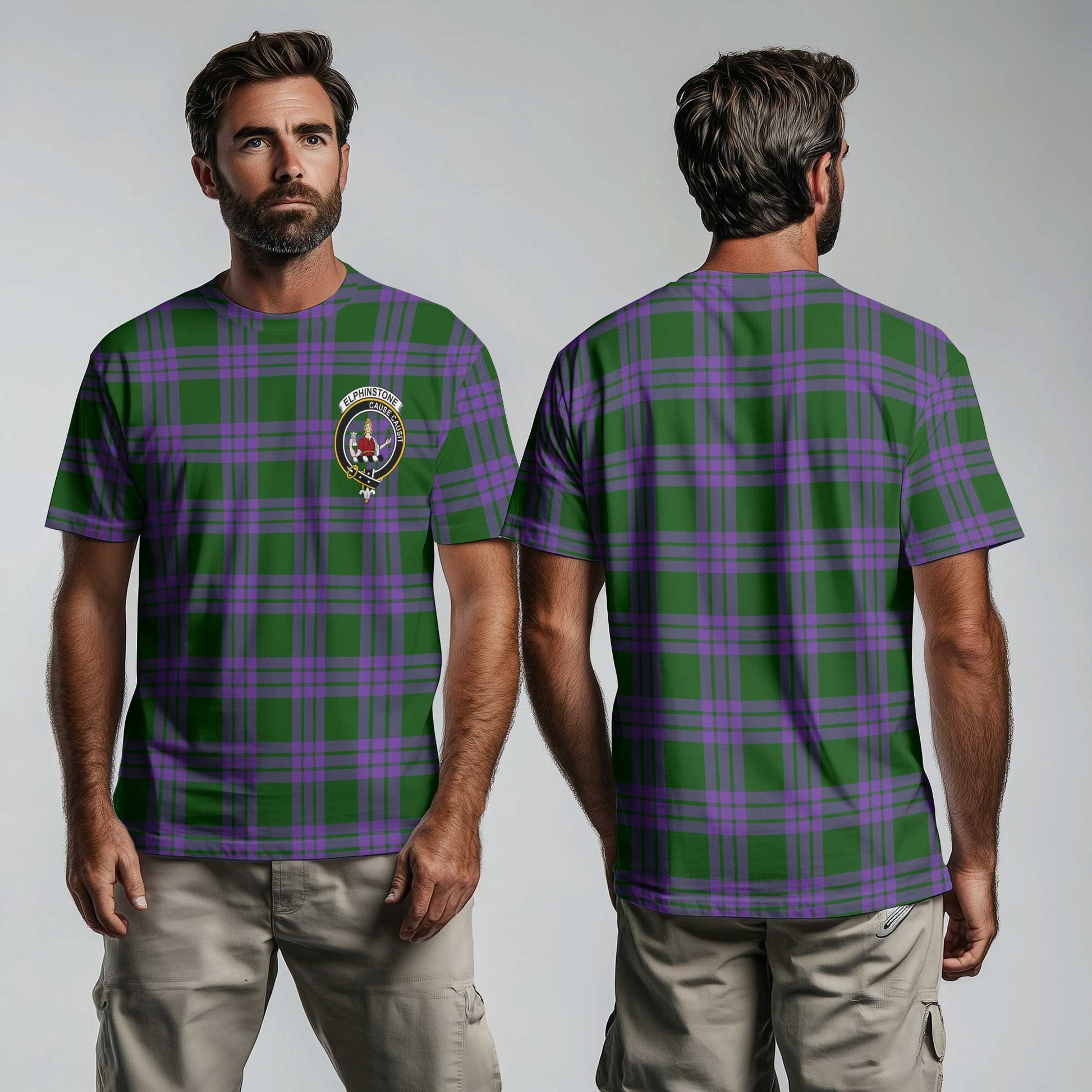 Clan Elphinstone Tartan Men T Shirt Crest And Plaid Basic Style