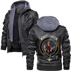 Clan Elphinstone Tartan Zip Leather Jacket Crest And Plaid Basic Style