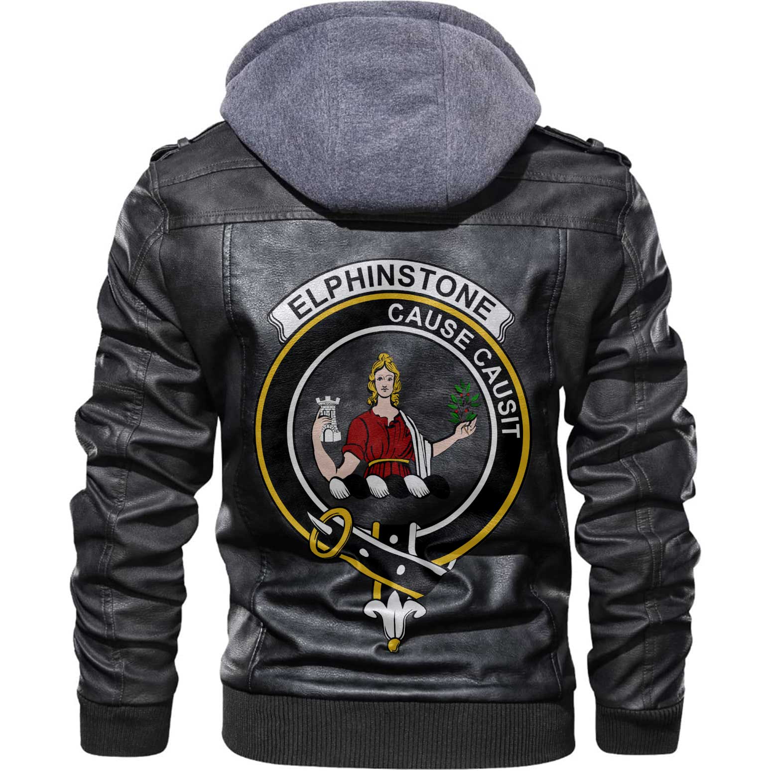 Clan Elphinstone Tartan Zip Leather Jacket Crest And Plaid Basic Style