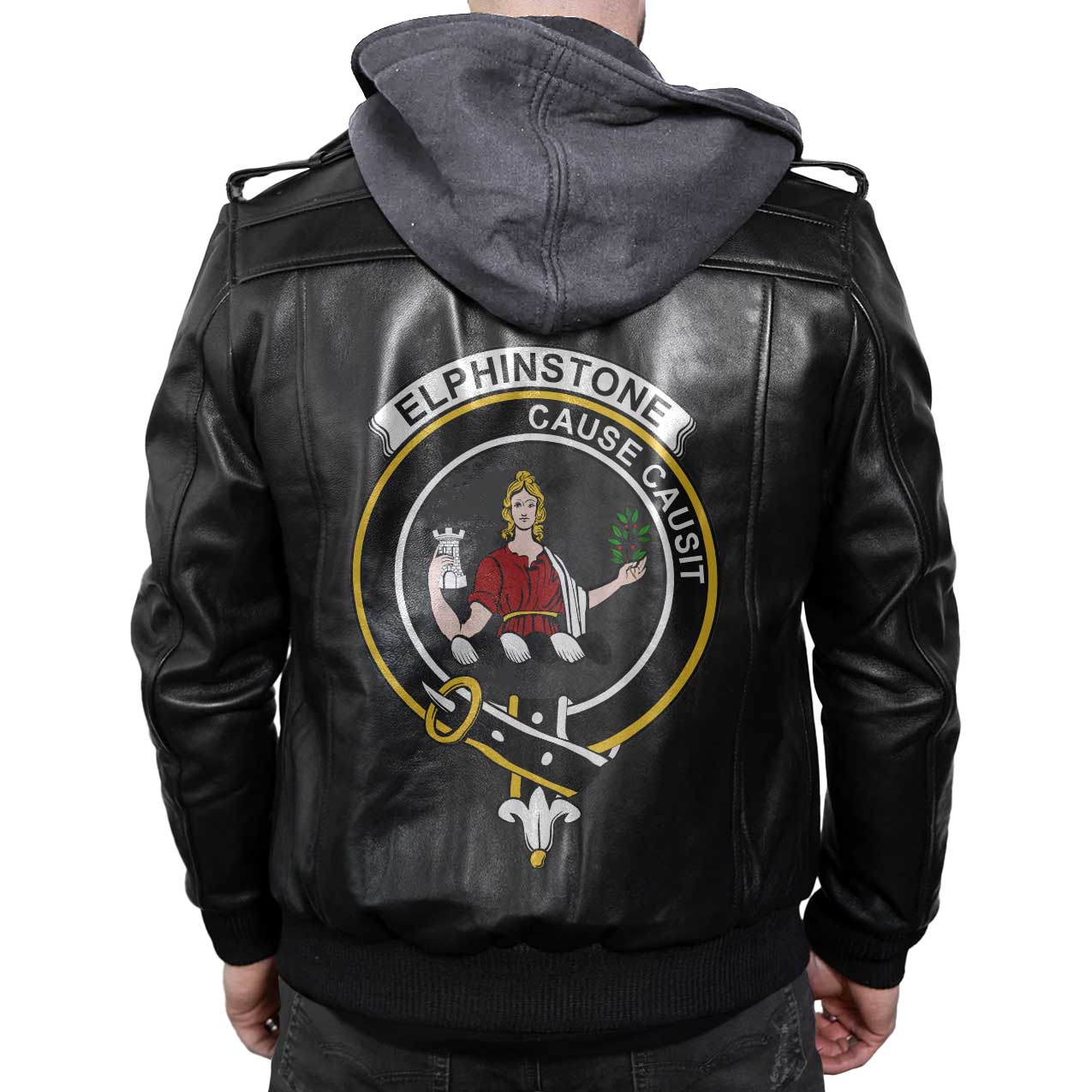 Clan Elphinstone Tartan Zip Leather Jacket Crest And Plaid Basic Style