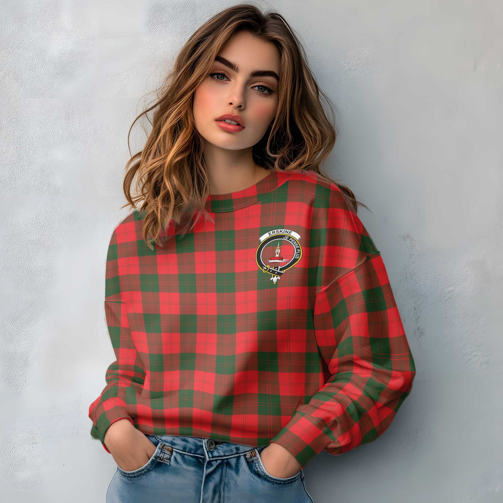 Clan Erskine Tartan Women Sweatshirt Crest And Plaid Basic Style