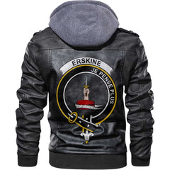 Clan Erskine Tartan Zip Leather Jacket Crest And Plaid Basic Style