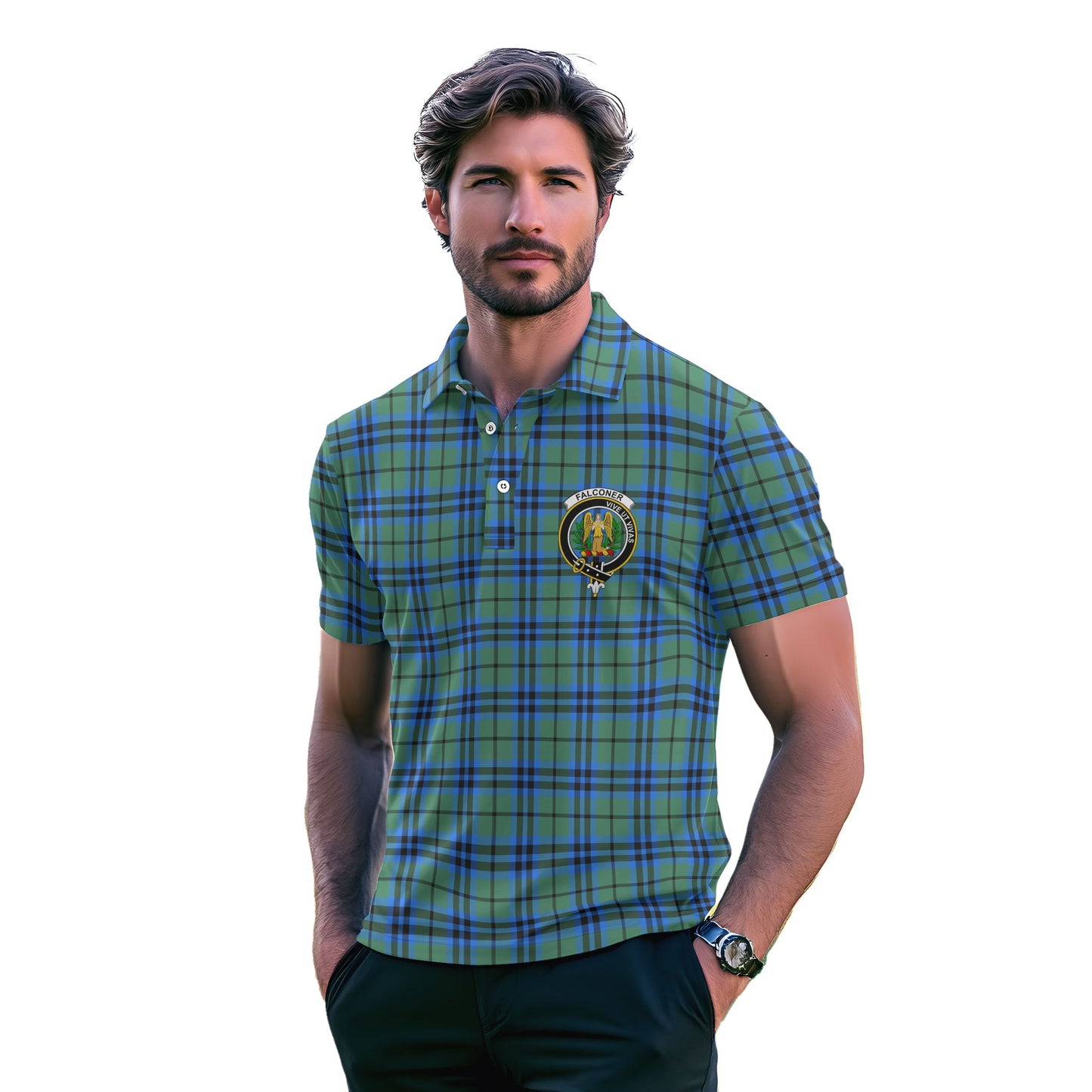 Clan Falconer Tartan Golf Men Polo Shirt Crest And Plaid Basic Style