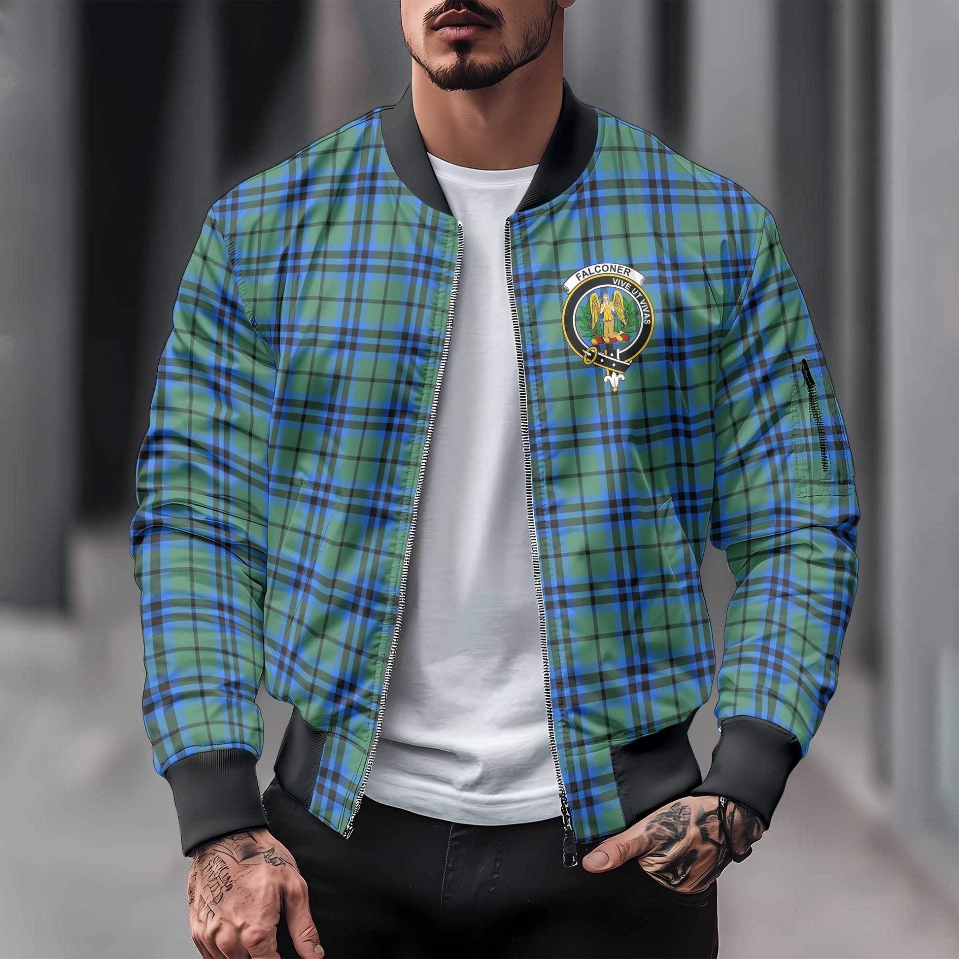 Clan Falconer Tartan Men Bomber Jacket Crest And Plaid Basic Style