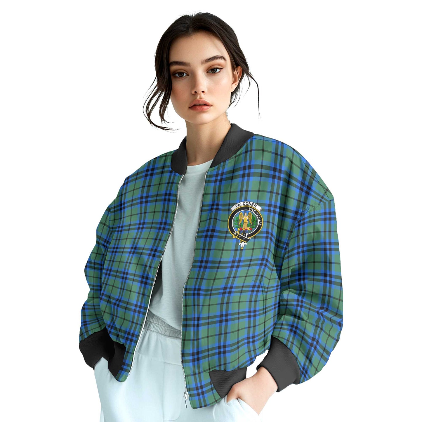 Clan Falconer Tartan Women Bomber Jacket Crest And Plaid Basic Style