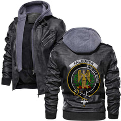 Clan Falconer Tartan Zip Leather Jacket Crest And Plaid Basic Style