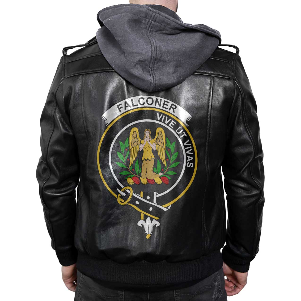 Clan Falconer Tartan Zip Leather Jacket Crest And Plaid Basic Style
