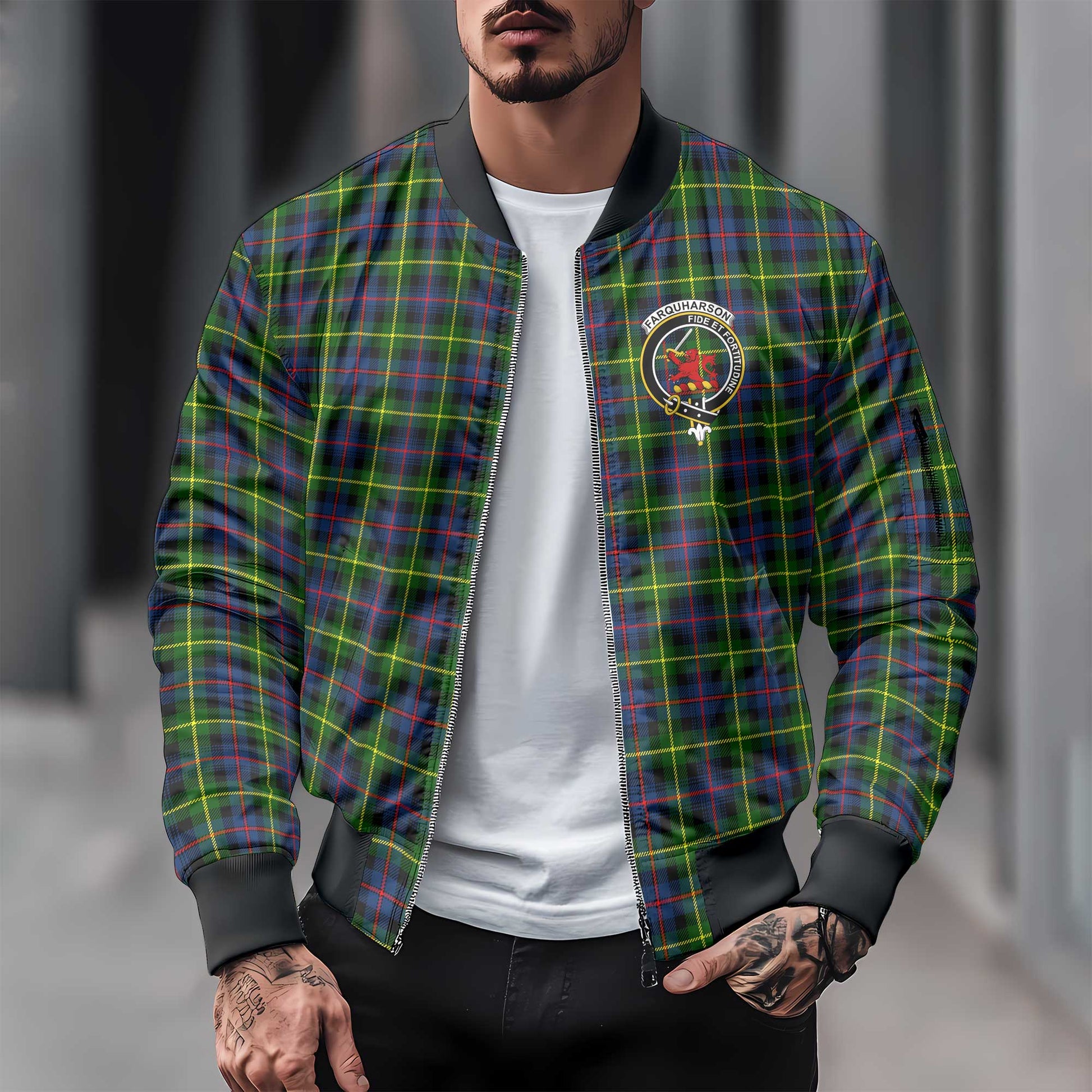 Clan Farquharson Tartan Men Bomber Jacket Crest And Plaid Basic Style