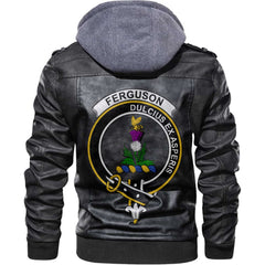 Clan Ferguson Tartan Zip Leather Jacket Crest And Plaid Basic Style