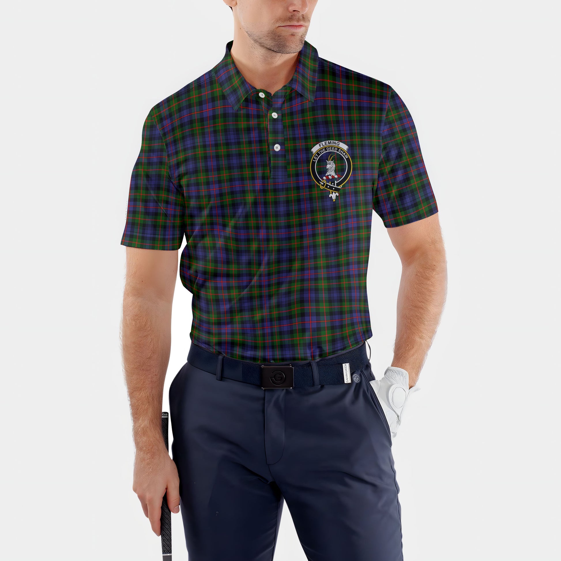 Clan Fleming Tartan Golf Men Polo Shirt Crest And Plaid Basic Style