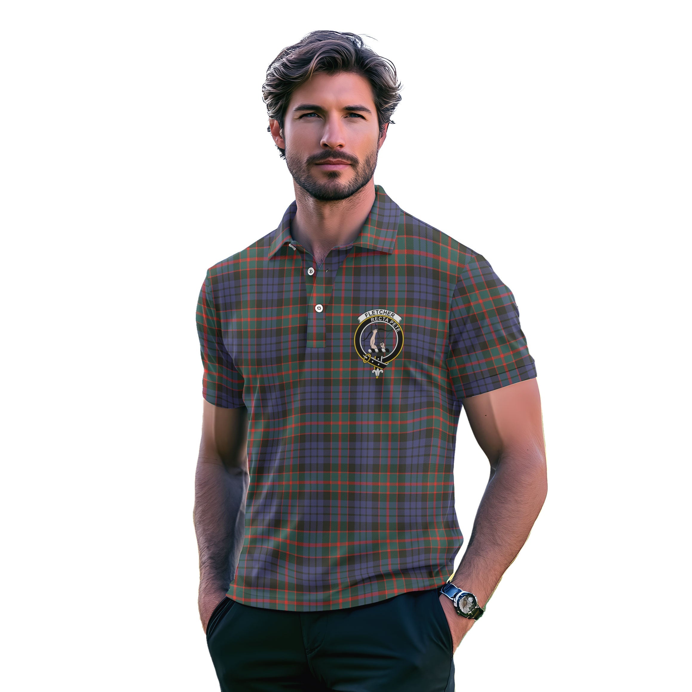 Clan Fletcher Tartan Golf Men Polo Shirt Crest And Plaid Basic Style