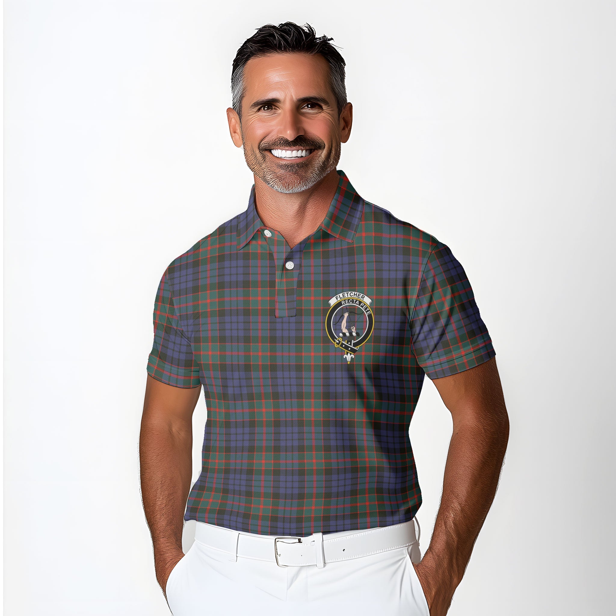 Clan Fletcher Tartan Golf Men Polo Shirt Crest And Plaid Basic Style