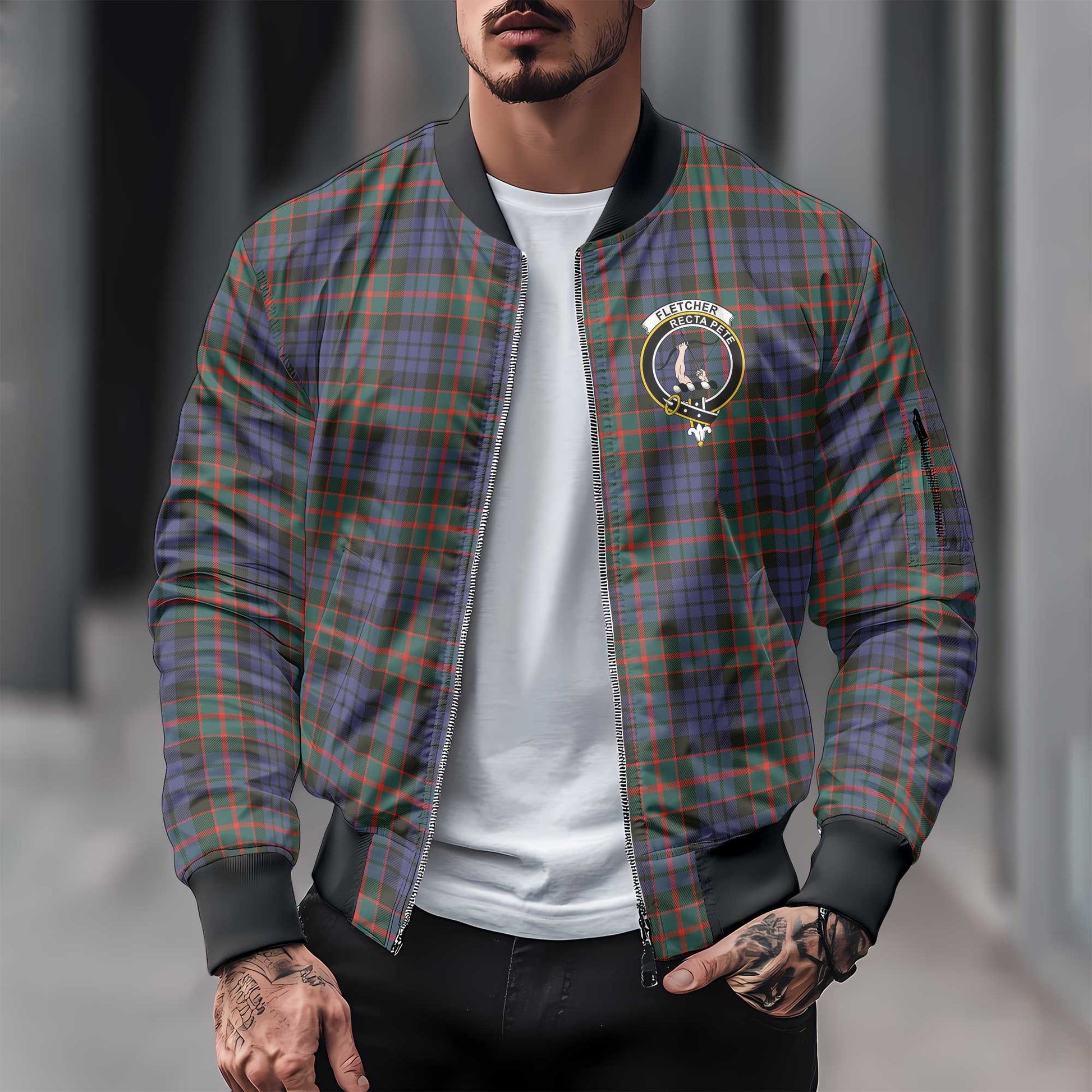 Clan Fletcher Tartan Men Bomber Jacket Crest And Plaid Basic Style