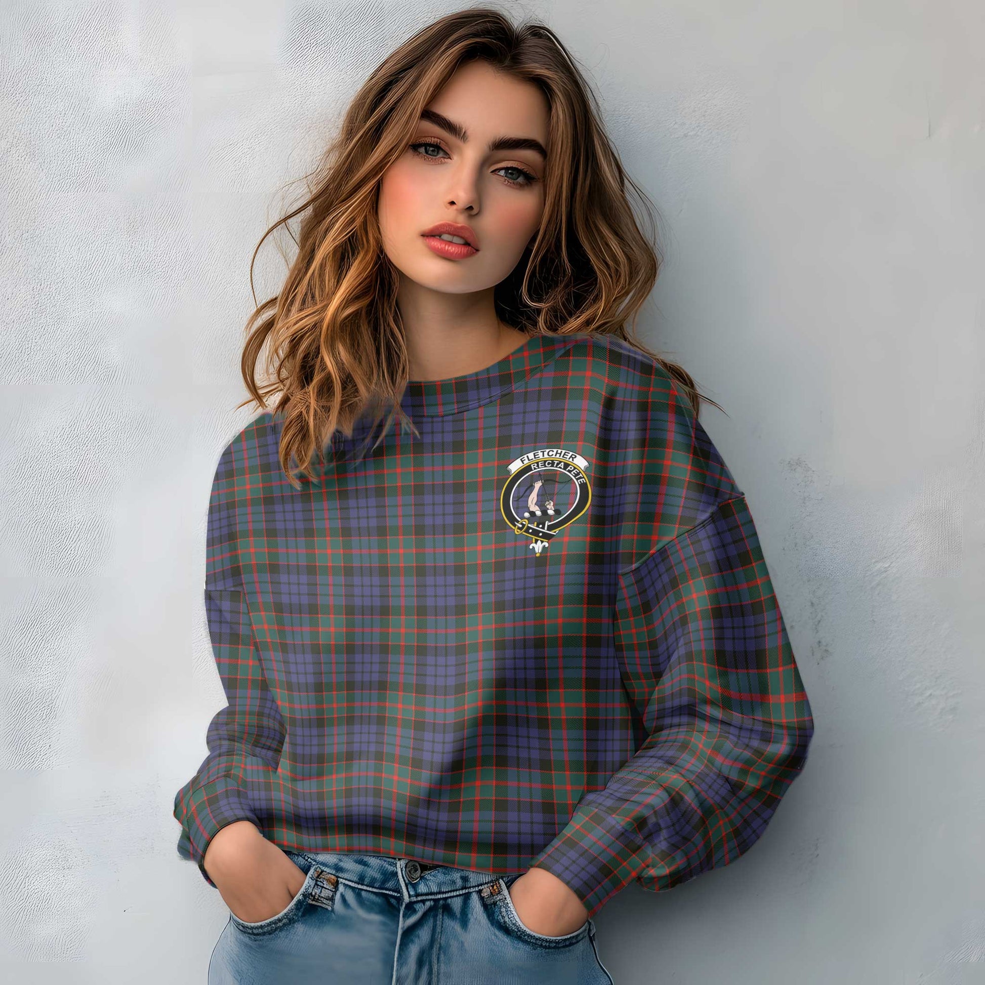 Clan Fletcher Tartan Women Sweatshirt Crest And Plaid Basic Style