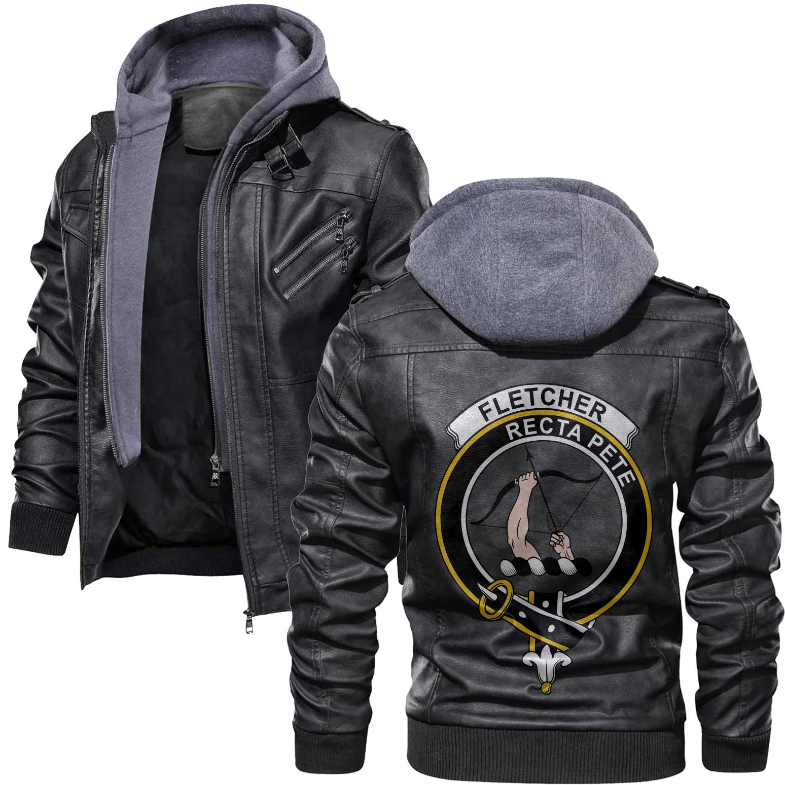 Clan Fletcher Tartan Zip Leather Jacket Crest And Plaid Basic Style