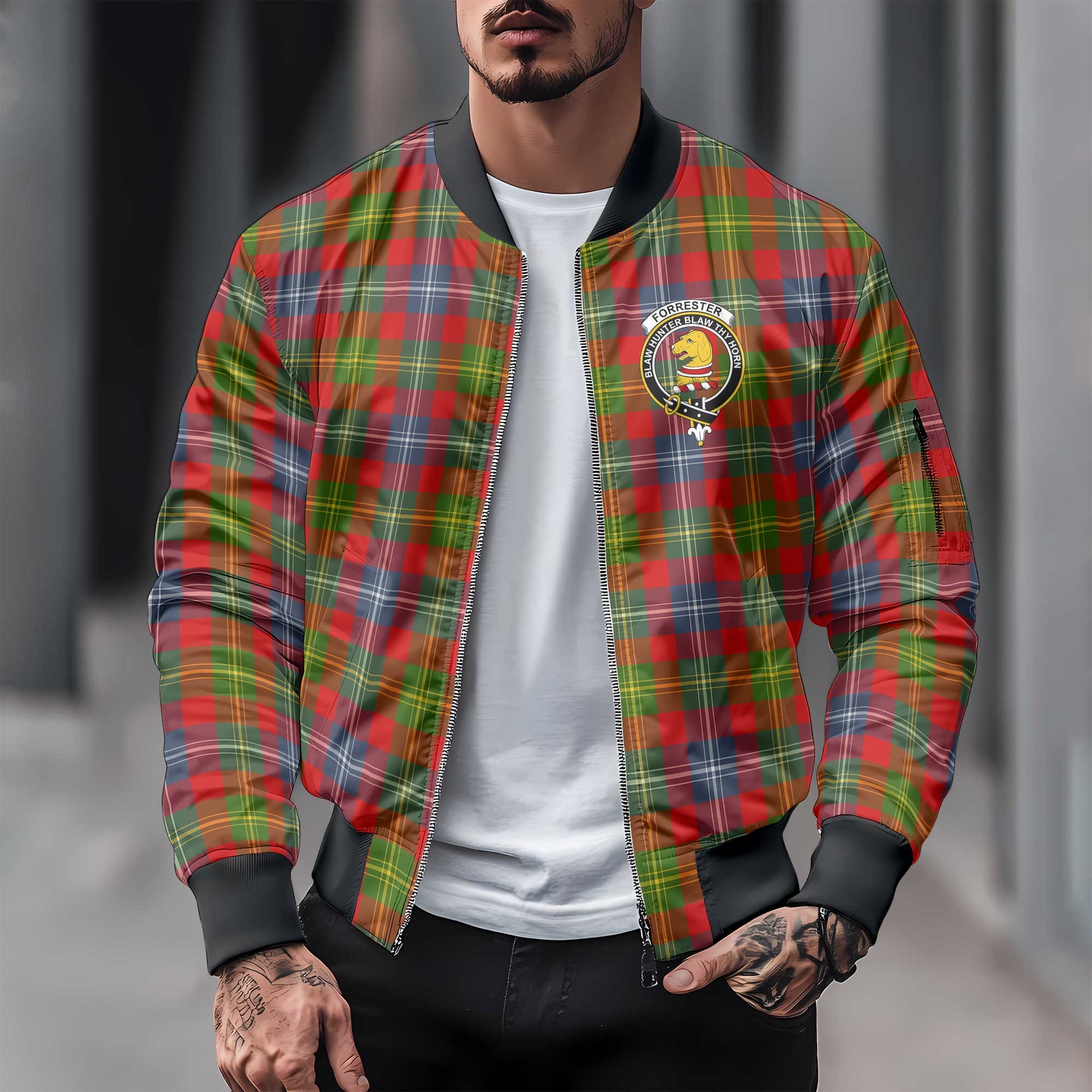 Clan Forrester Tartan Men Bomber Jacket Crest And Plaid Basic Style