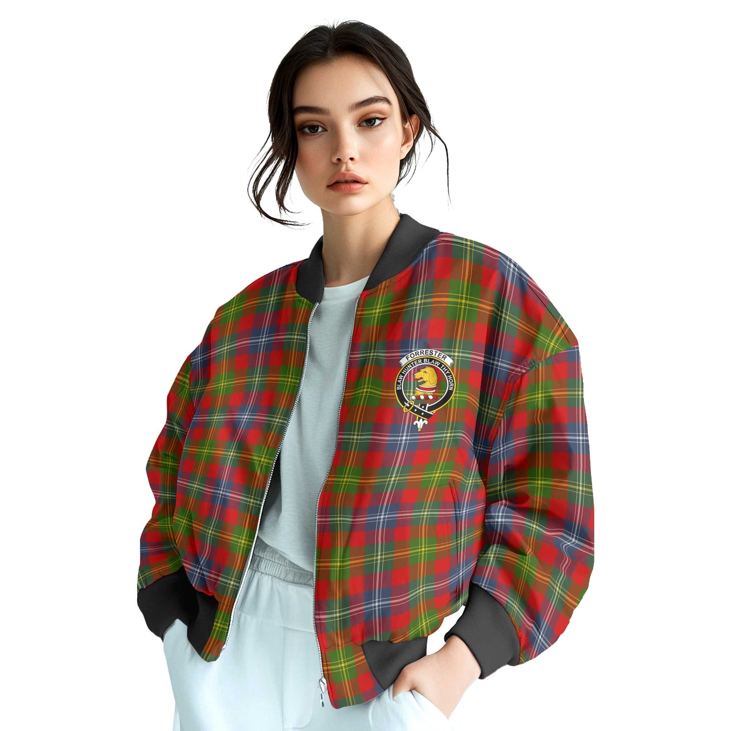 Clan Forrester Tartan Women Bomber Jacket Crest And Plaid Basic Style