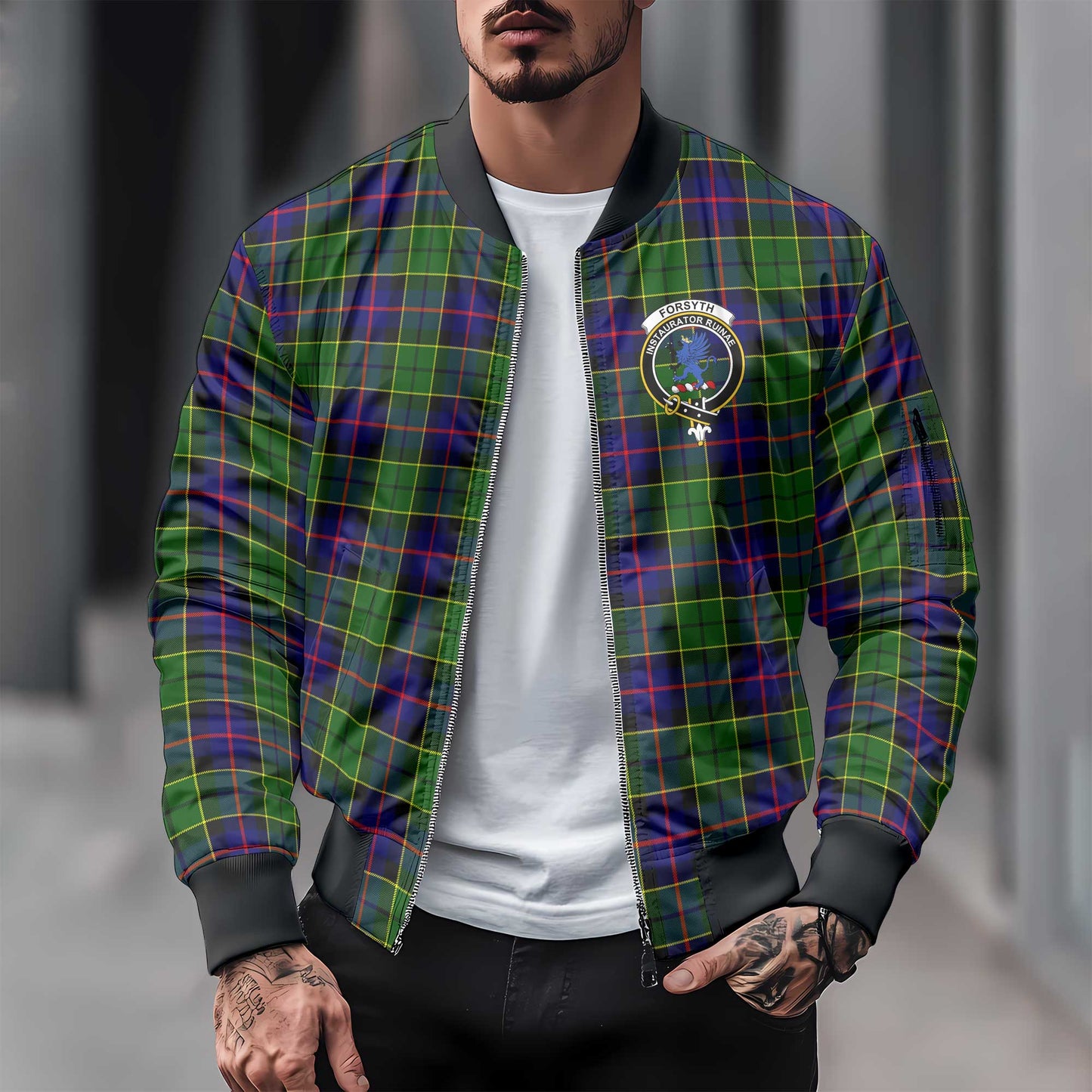 Clan Forsyth Tartan Men Bomber Jacket Crest And Plaid Basic Style