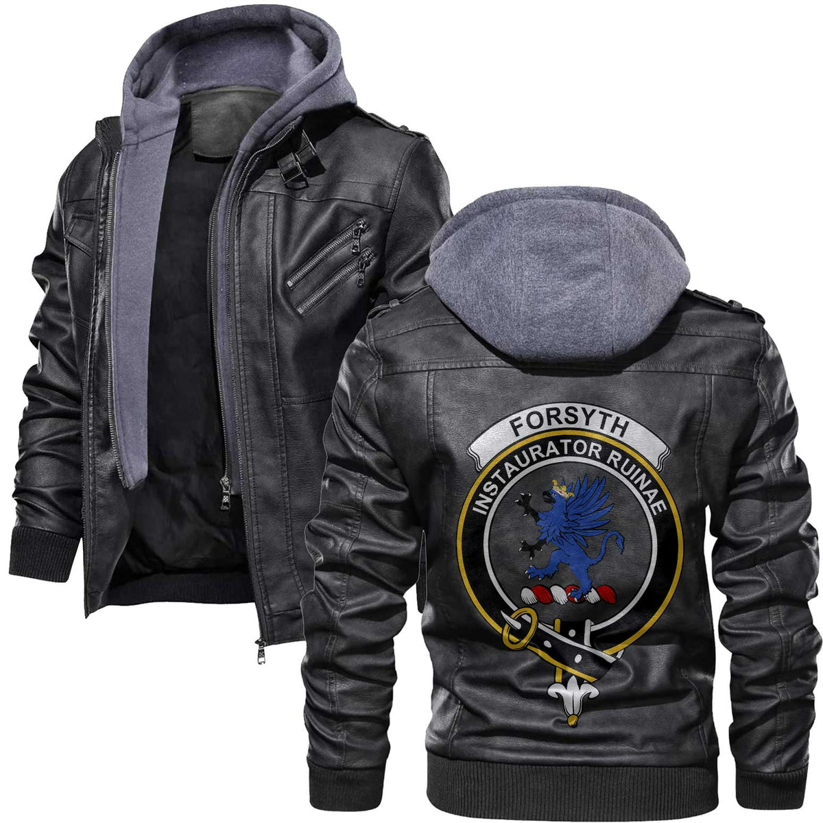 Clan Forsyth Tartan Zip Leather Jacket Crest And Plaid Basic Style