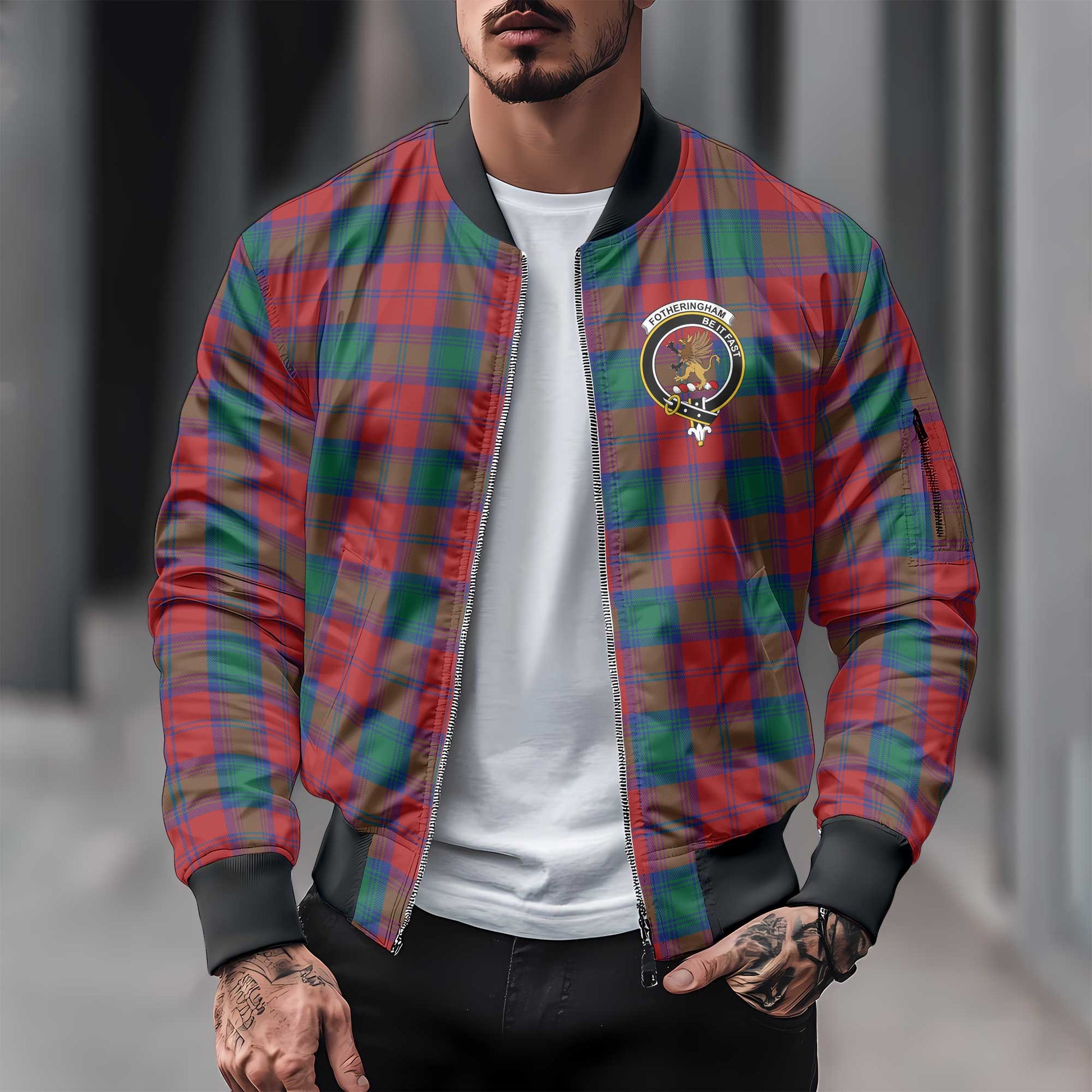 Clan Fotheringham Tartan Men Bomber Jacket Crest And Plaid Basic Style