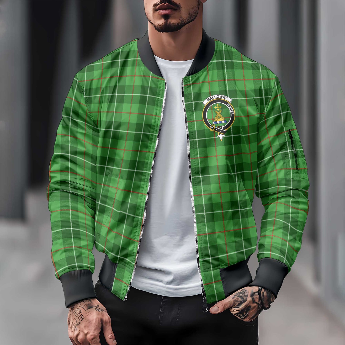 Clan Galloway Tartan Men Bomber Jacket Crest And Plaid Basic Style