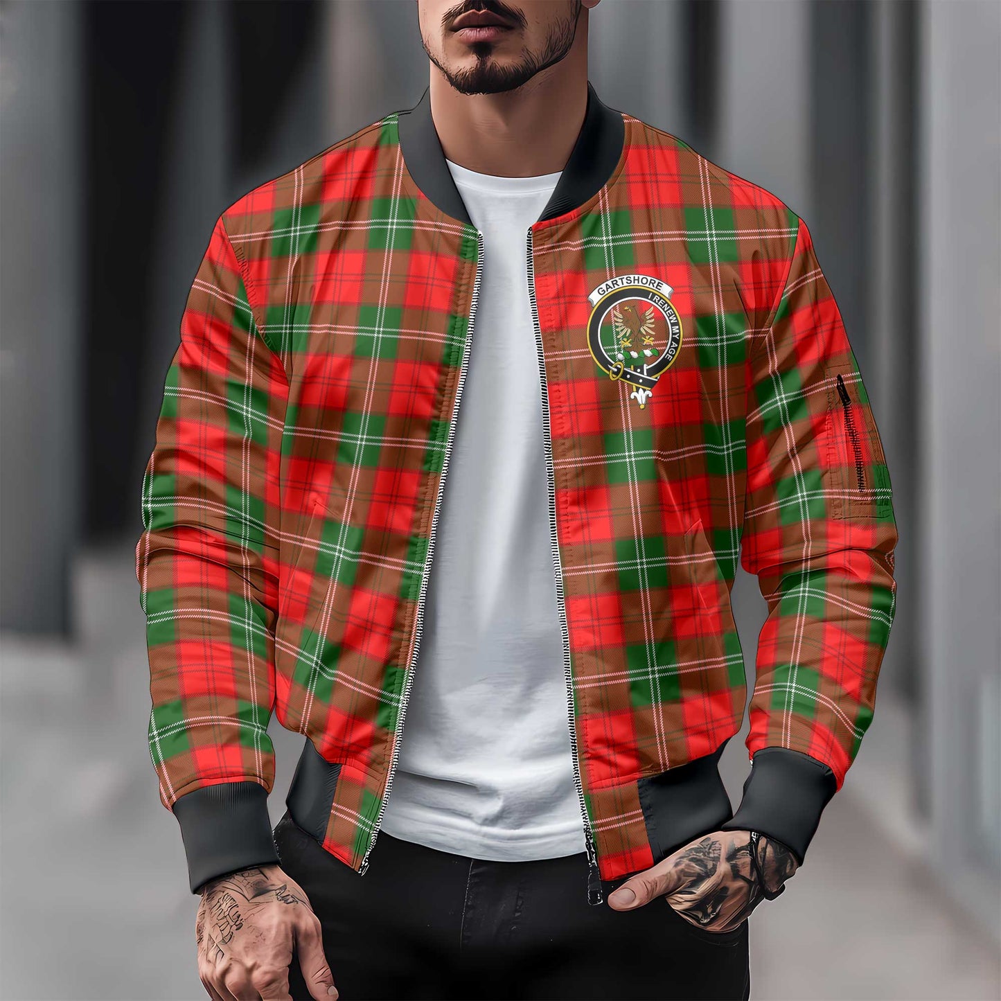 Clan Gartshore Tartan Men Bomber Jacket Crest And Plaid Basic Style