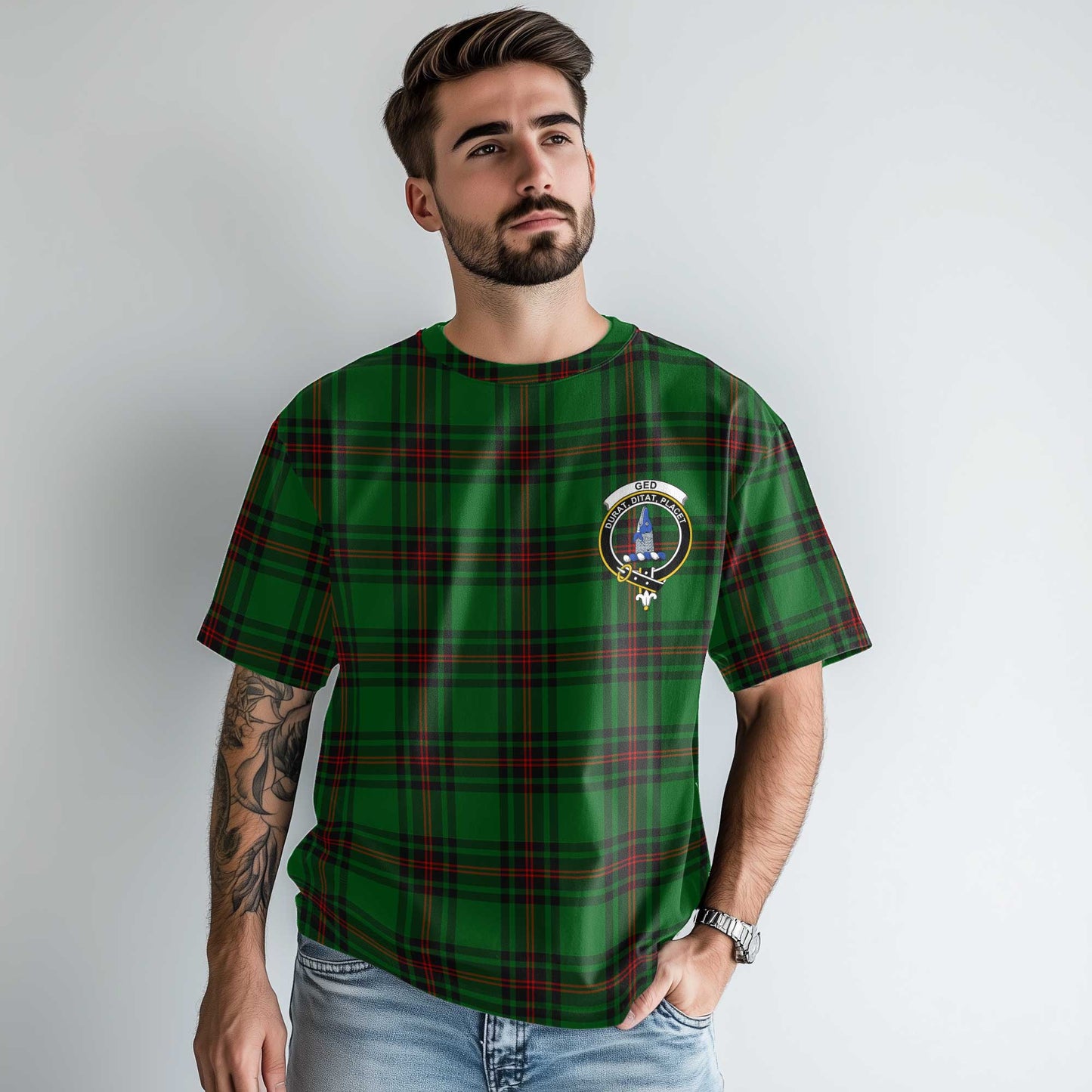 Clan Ged Tartan Men T Shirt Crest And Plaid Basic Style