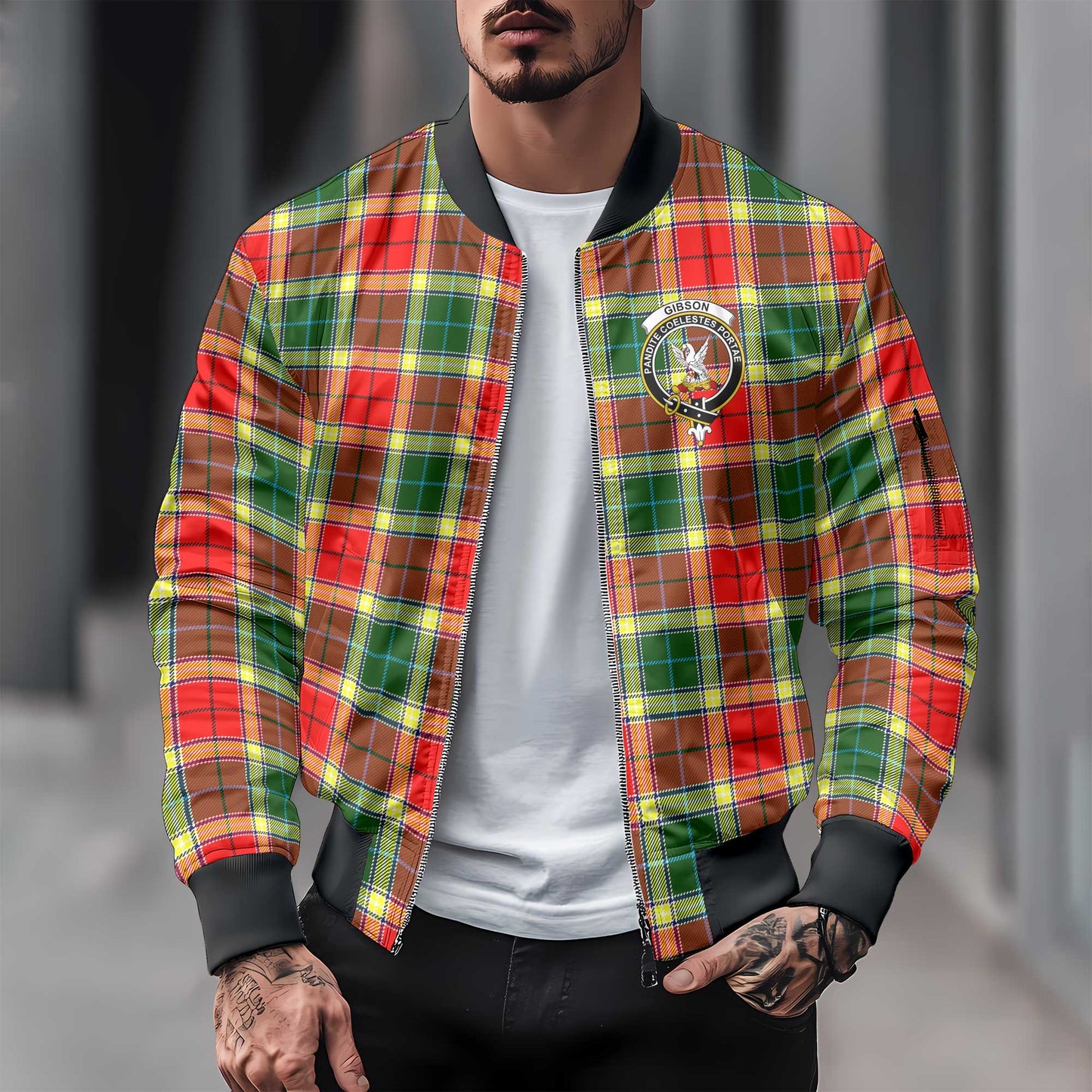 Clan Gibson Tartan Men Bomber Jacket Crest And Plaid Basic Style