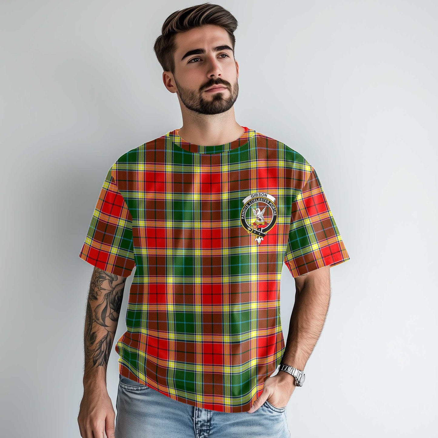 Clan Gibson Tartan Men T Shirt Crest And Plaid Basic Style