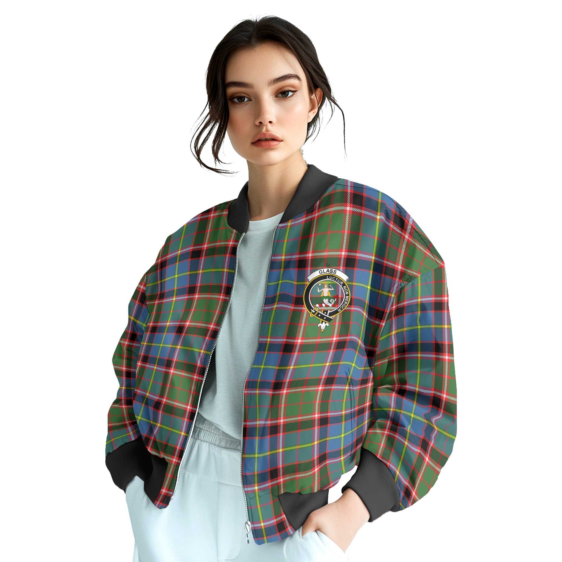 Clan Glass Tartan Women Bomber Jacket Crest And Plaid Basic Style