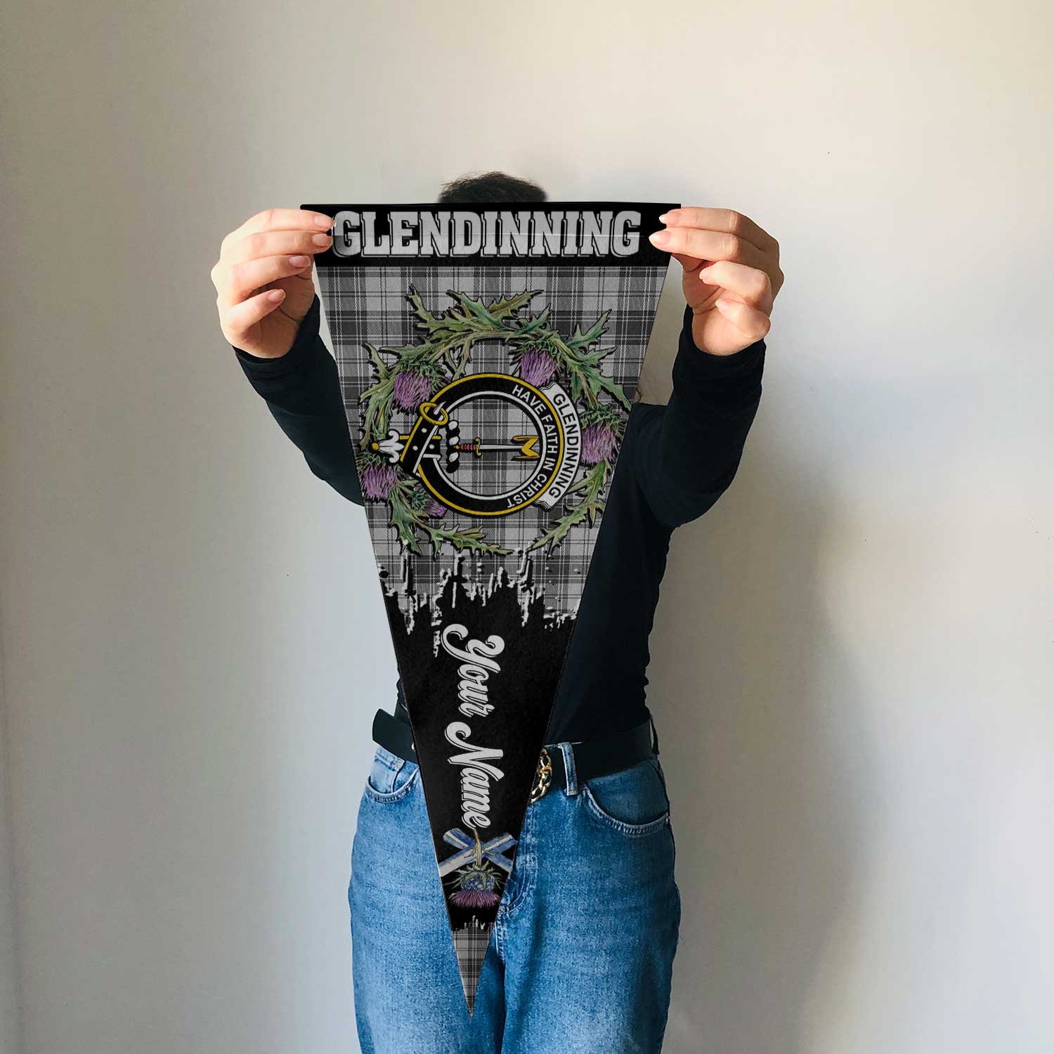 Clan Glendinning Tartan Felt Pennant Crest And Plaid Basic Style