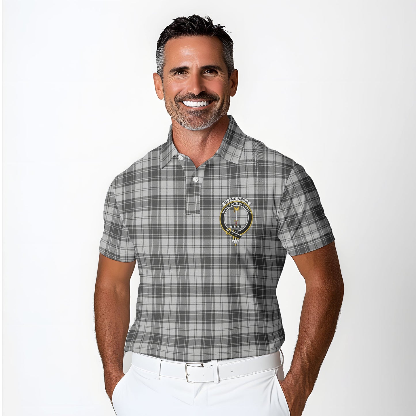 Clan Glendinning Tartan Golf Men Polo Shirt Crest And Plaid Basic Style