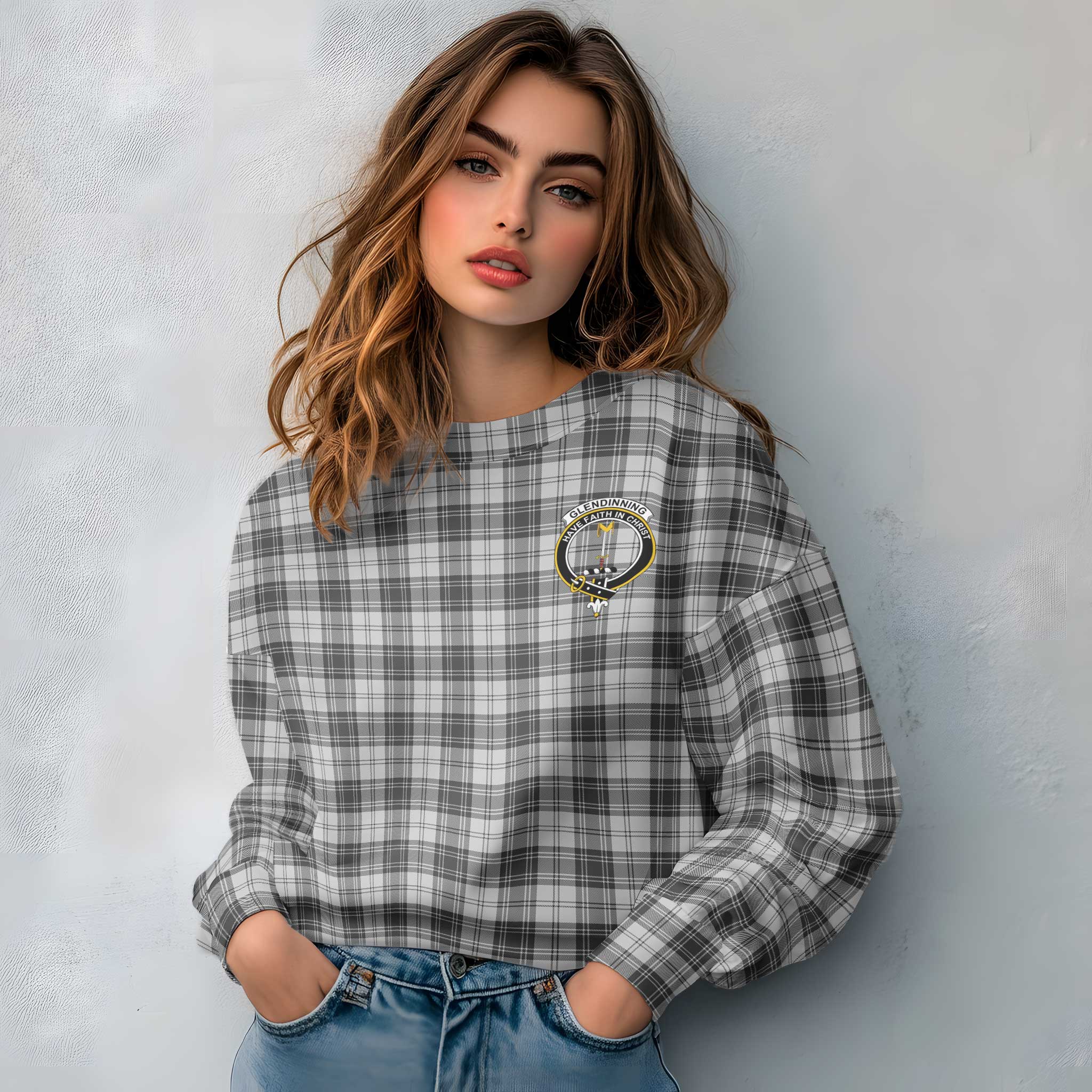 Clan Glendinning Tartan Women Sweatshirt Crest And Plaid Basic Style