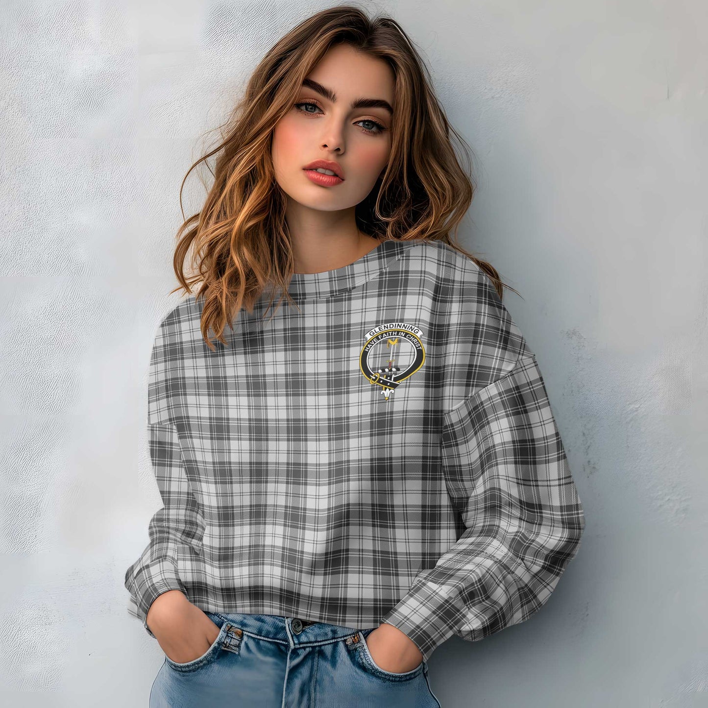 Clan Glendinning Tartan Women Sweatshirt Crest And Plaid Basic Style