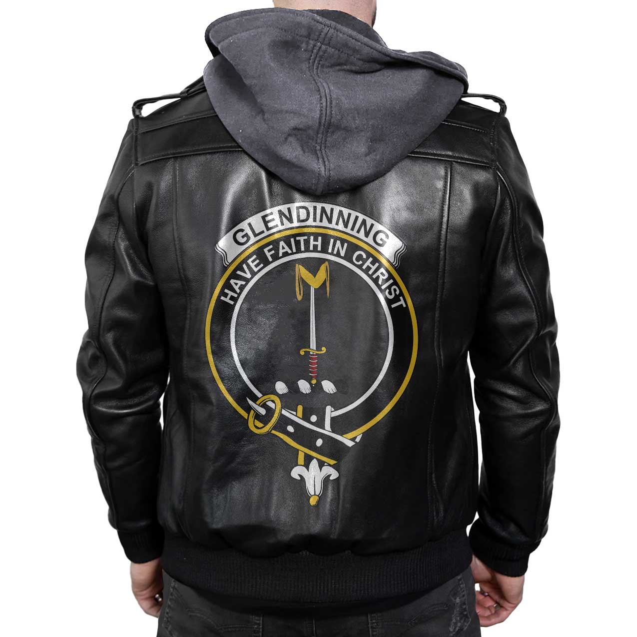 Clan Glendinning Tartan Zip Leather Jacket Crest And Plaid Basic Style